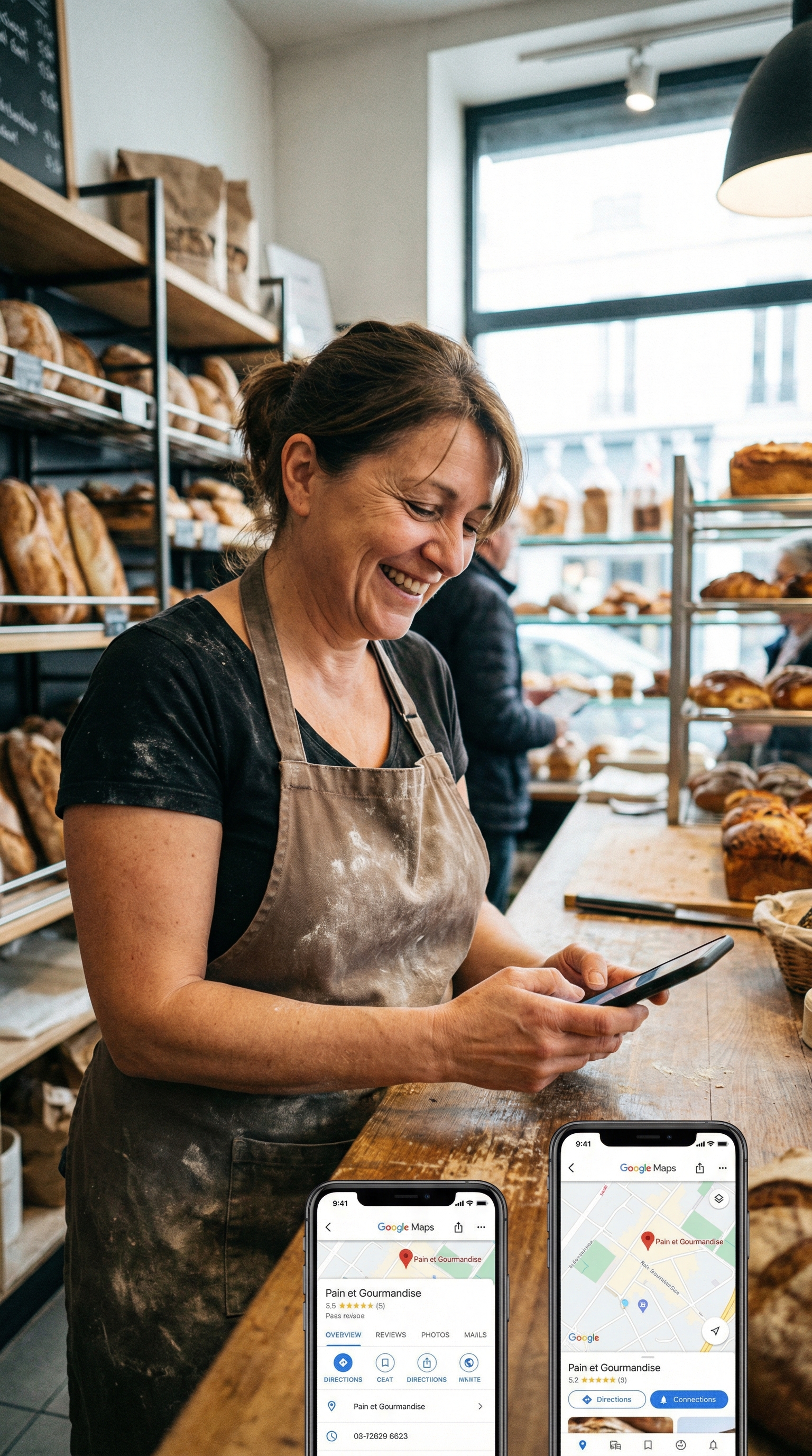 Small business owner checking their online presence on phone