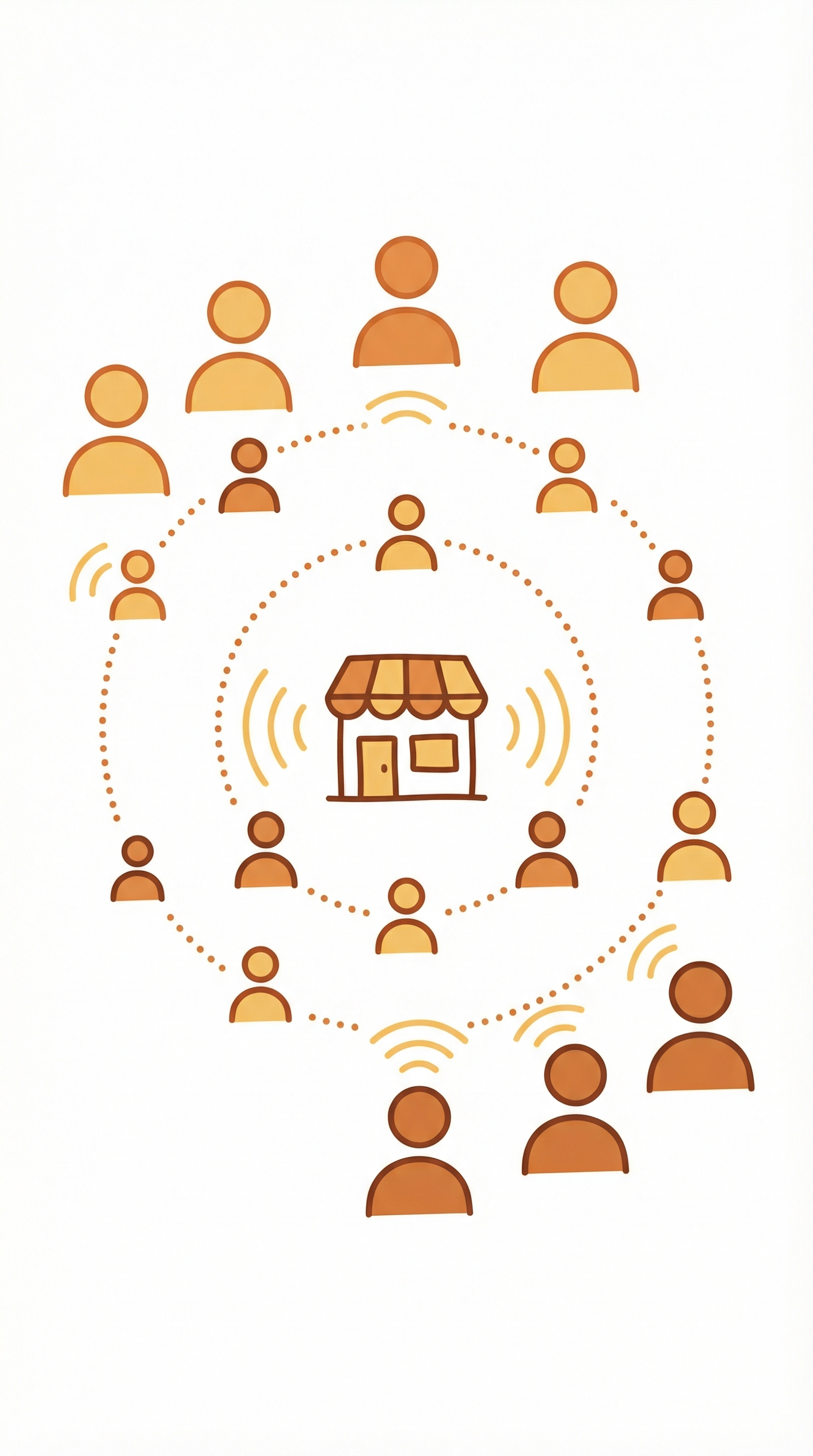 Line art illustration of people gathering around a shop